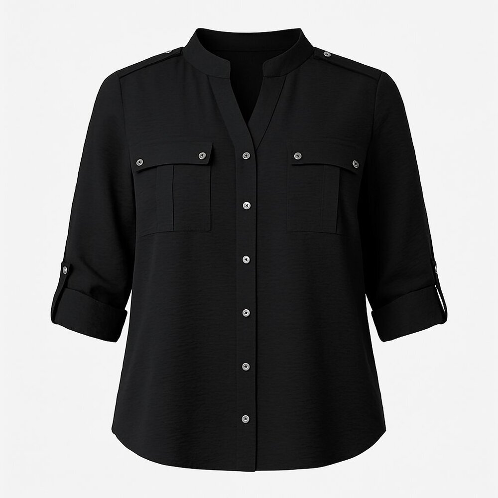 Calvin Klein Black Crinkle Button Front Roll Sleeve Blouse Med Lightweight Top